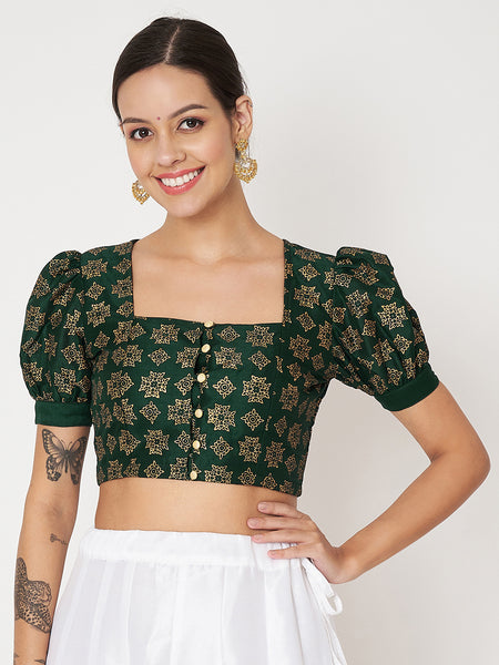 Silk Blend Block Printed Button Down Crop Top