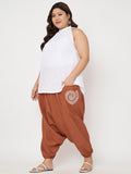 Plus Size Cotton Printed Pockets Drop Crotch Pants